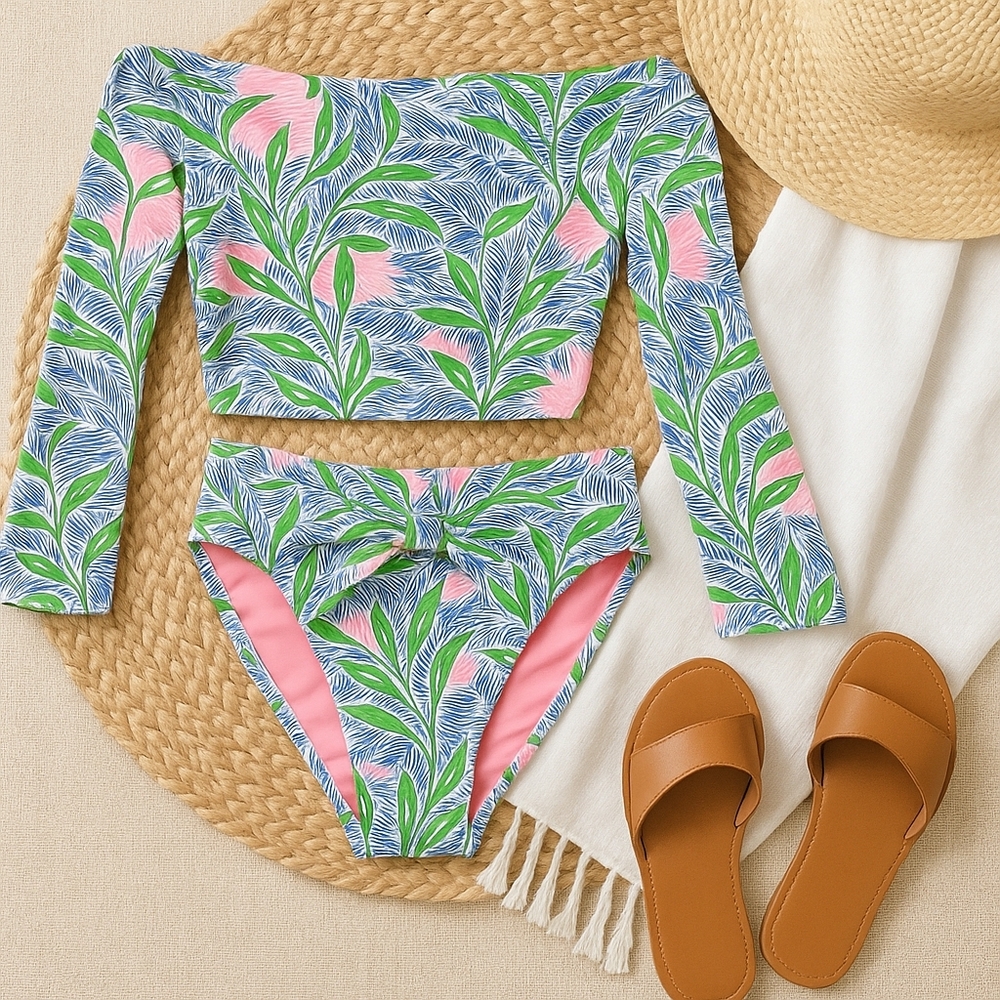 Liberty & Justice Etu Lappa Tie Front High Leg Bikini Bottom Tropical Leaf - M